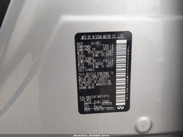 45153133 :رقم المزاد ، JN8AZ2AF1M9718719 vin ، 2021 Infiniti Qx80 Luxe مزاد بيع