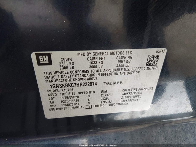45153136 :رقم المزاد ، 1GNSKBKC7HR232874 vin ، 2017 Chevrolet Tahoe Lt مزاد بيع