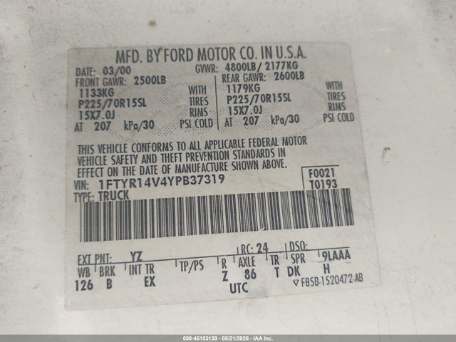 45153139 :رقم المزاد ، 1FTYR14V4YPB37319 vin ، 2000 Ford Ranger Xl/xlt مزاد بيع