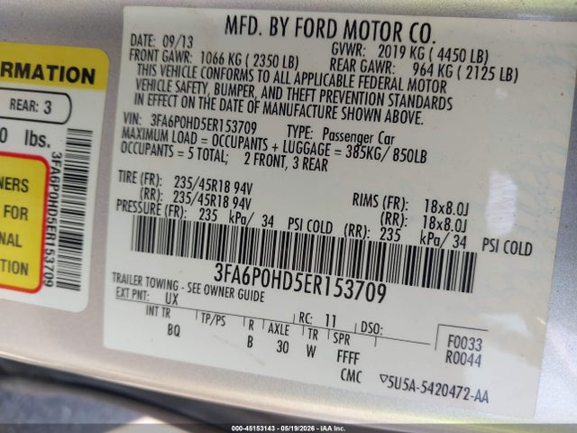 Продажа на аукционе авто 2014 Ford Fusion Se, vin: 3FA6P0HD5ER153709, номер лота: 45153143