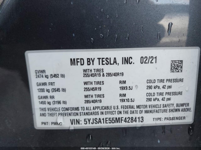 2021 Tesla Model S Long Range Dual Motor All-wheel Drive მანქანა იყიდება აუქციონზე, vin: 5YJSA1E55MF428413, აუქციონის ნომერი: 45153149