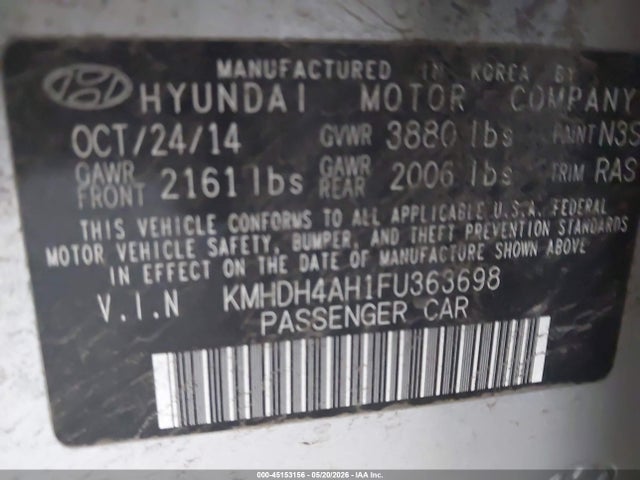 45153156 :رقم المزاد ، KMHDH4AH1FU363698 vin ، 2015 Hyundai Elantra Sport مزاد بيع