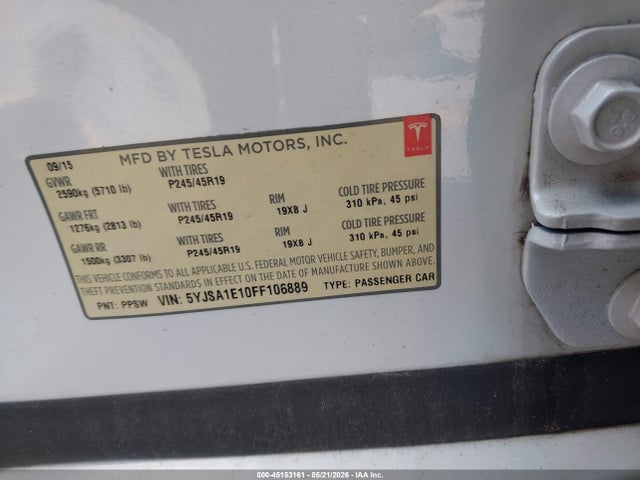 Aukcja sprzedaży 2015 Tesla Model S 60/70/85, vin: 5YJSA1E10FF106889, numer aukcji: 45153161