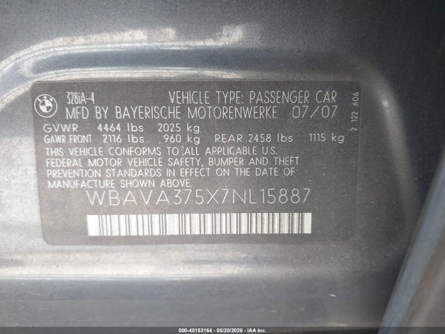 Продажа на аукционе авто 2007 Bmw 328i, vin: WBAVA375X7NL15887, номер лота: 45153164