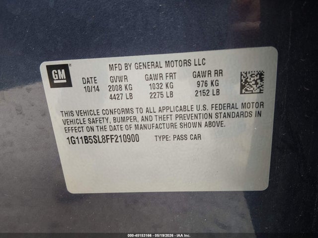 Aukcja sprzedaży 2015 Chevrolet Malibu Ls, vin: 1G11B5SL8FF210900, numer aukcji: 45153166