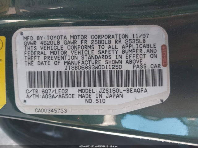 Aukcja sprzedaży 1998 Lexus Gs 300, vin: JT8BD68S3W0011250, numer aukcji: 45153173