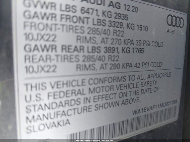 45153174 :رقم المزاد ، WA1EVAF11MD021283 vin ، 2021 Audi Q8 Premium Plus 55 Tfsi Quattro Tiptronic مزاد بيع