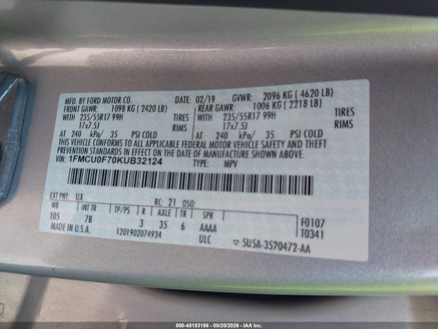 45153198 :رقم المزاد ، 1FMCU0F70KUB32124 vin ، 2019 Ford Escape S مزاد بيع