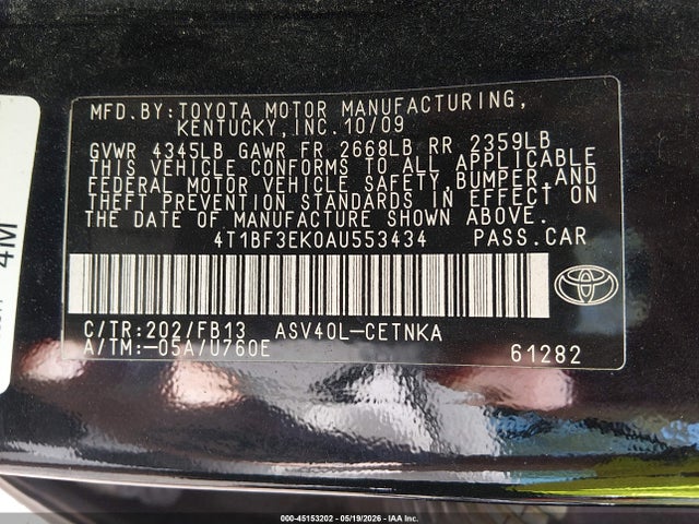 2010 Toyota Camry Le მანქანა იყიდება აუქციონზე, vin: 4T1BF3EK0AU553434, აუქციონის ნომერი: 45153202
