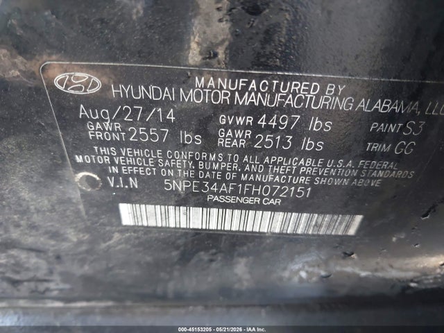 2015 Hyundai Sonata Limited მანქანა იყიდება აუქციონზე, vin: 5NPE34AF1FH072151, აუქციონის ნომერი: 45153205