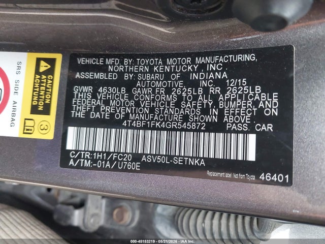 Продаж на аукціоні авто 2016 Toyota Camry Le, vin: 4T4BF1FK4GR545872, номер лоту: 45153219