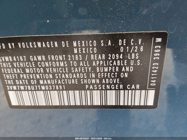 Продаж на аукціоні авто 2026 Volkswagen Jetta Se, vin: 3VW7W7BU7TM037891, номер лоту: 45153237