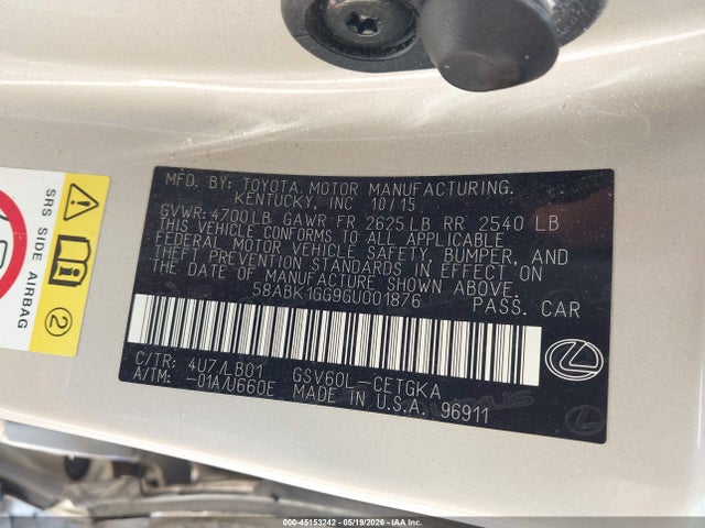 45153242 :رقم المزاد ، 58ABK1GG9GU001876 vin ، 2016 Lexus Es 350 مزاد بيع
