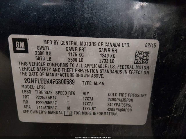 2015 Chevrolet Equinox Ls მანქანა იყიდება აუქციონზე, vin: 2GNFLEEK4F6300589, აუქციონის ნომერი: 45153253