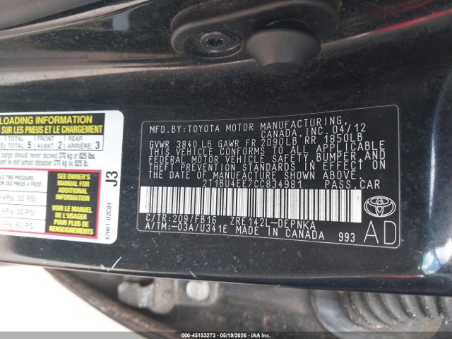 Продаж на аукціоні авто 2012 Toyota Corolla Le, vin: 2T1BU4EE7CC834981, номер лоту: 45153273