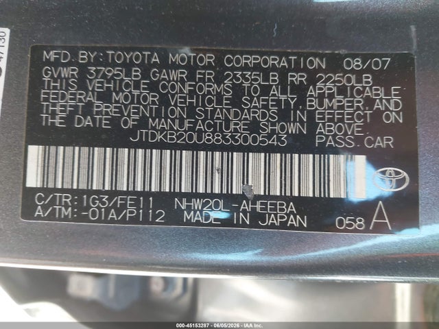 2008 Toyota Prius მანქანა იყიდება აუქციონზე, vin: JTDKB20U883300543, აუქციონის ნომერი: 45153287
