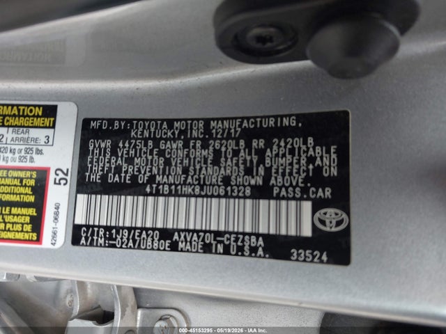 4T1B11HK8JU061328 Toyota CAMRY SE