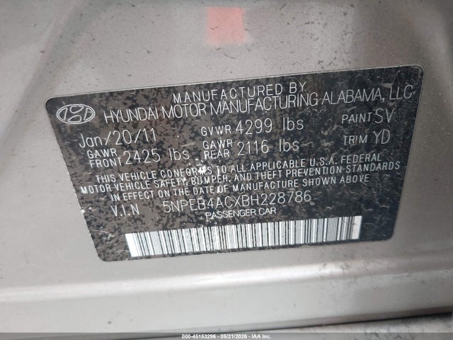 2011 Hyundai Sonata Gls მანქანა იყიდება აუქციონზე, vin: 5NPEB4ACXBH228786, აუქციონის ნომერი: 45153296