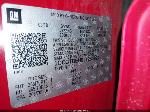 Aukcja sprzedaży 2018 Chevrolet Colorado Wt, vin: 1GCGTBEN9J1250824, numer aukcji: 45153314