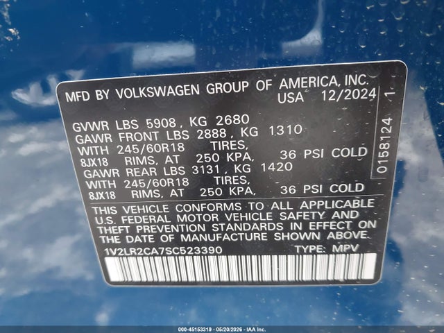 2025 Volkswagen Atlas 2.0t Se მანქანა იყიდება აუქციონზე, vin: 1V2LR2CA7SC523390, აუქციონის ნომერი: 45153319