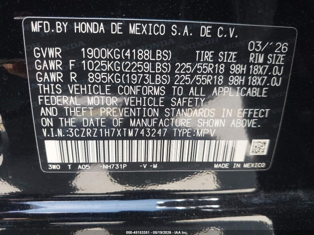 3CZRZ1H7XTM743247 Honda Hr-v 2wd Ex-l