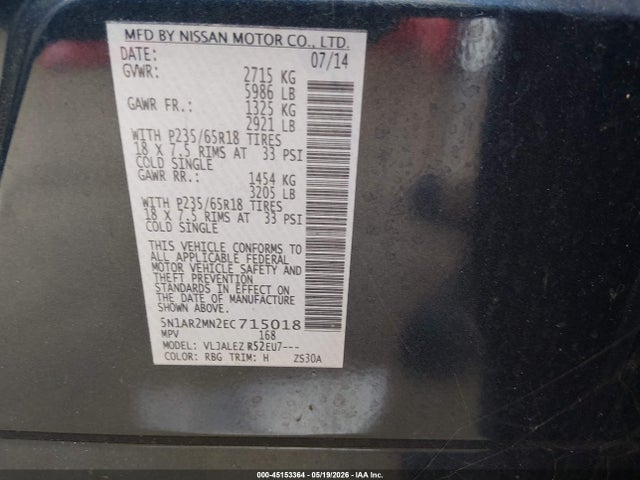 Продаж на аукціоні авто 2014 Nissan Pathfinder Sv, vin: 5N1AR2MN2EC715018, номер лоту: 45153364