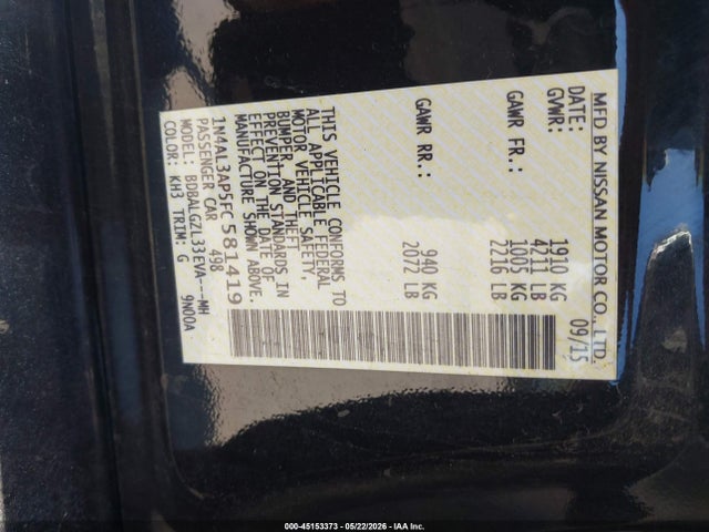 45153373 :رقم المزاد ، 1N4AL3AP5FC581419 vin ، 2015 Nissan Altima 2.5 S مزاد بيع