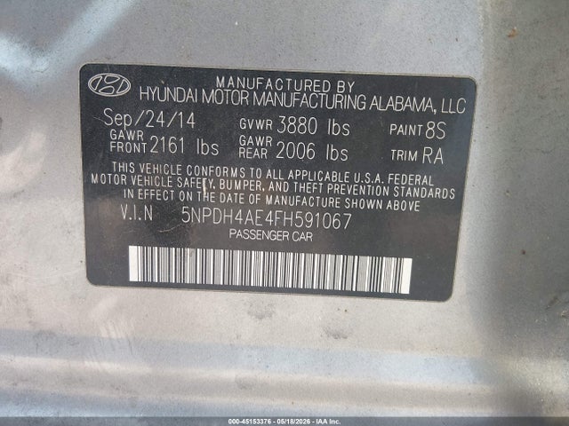 45153376 :رقم المزاد ، 5NPDH4AE4FH591067 vin ، 2015 Hyundai Elantra Se مزاد بيع