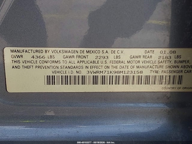Продаж на аукціоні авто 2008 Volkswagen Jetta Se, vin: 3VWRM71K98M123158, номер лоту: 45153377