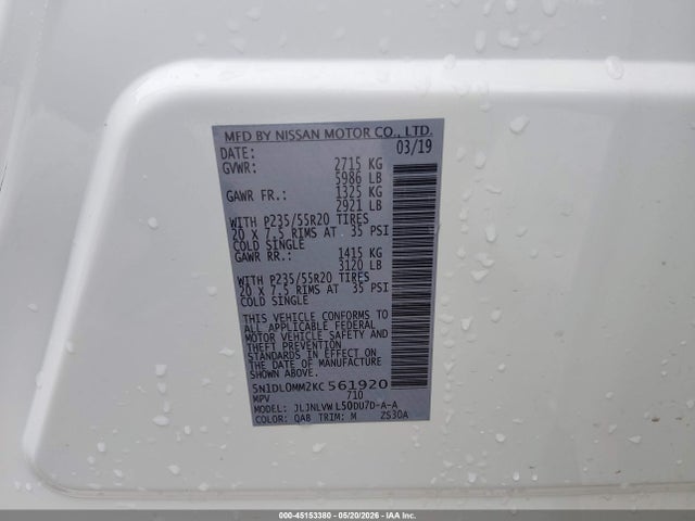 45153380 :رقم المزاد ، 5N1DL0MM2KC561920 vin ، 2019 Infiniti Qx60 Luxe مزاد بيع