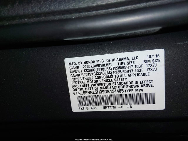 5FNRL5H39GB154485 Honda ODYSSEY SE