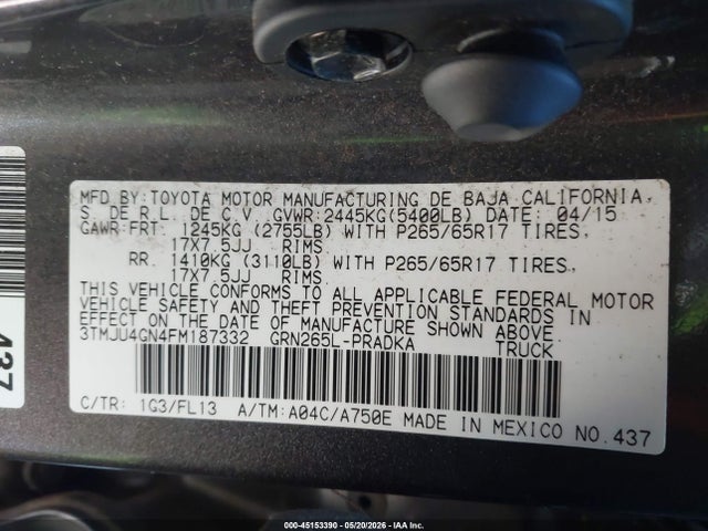 2015 Toyota Tacoma Prerunner V6 მანქანა იყიდება აუქციონზე, vin: 3TMJU4GN4FM187332, აუქციონის ნომერი: 45153390
