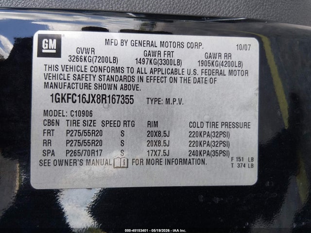 Aukcja sprzedaży 2008 Gmc Yukon Xl 1500 Slt, vin: 1GKFC16JX8R167355, numer aukcji: 45153401