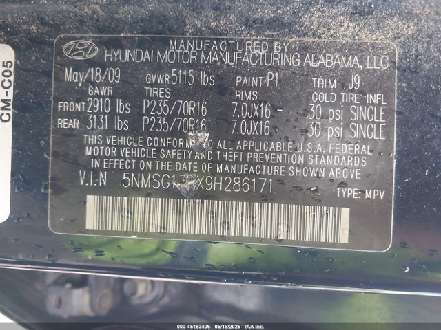 Aukcja sprzedaży 2009 Hyundai Santa Fe Gls, vin: 5NMSG13DX9H286171, numer aukcji: 45153406