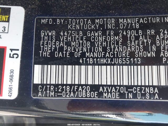 2018 Toyota Camry Le მანქანა იყიდება აუქციონზე, vin: 4T1B11HKXJU655113, აუქციონის ნომერი: 45153420