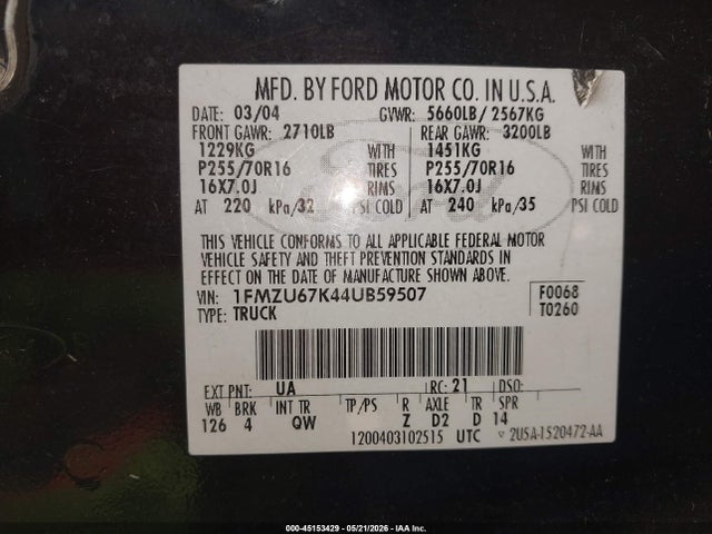 45153429 :رقم المزاد ، 1FMZU67K44UB59507 vin ، 2004 Ford Explorer Sport Trac Adrenalin/xls/xlt مزاد بيع