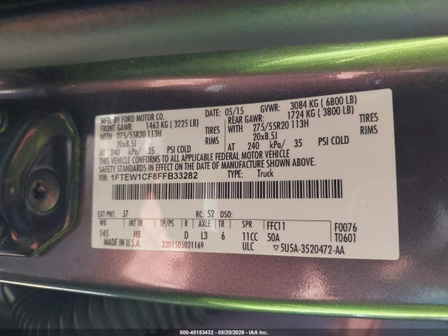 Продажа на аукционе авто 2015 Ford F-150 Lariat, vin: 1FTEW1CF8FFB33282, номер лота: 45153432