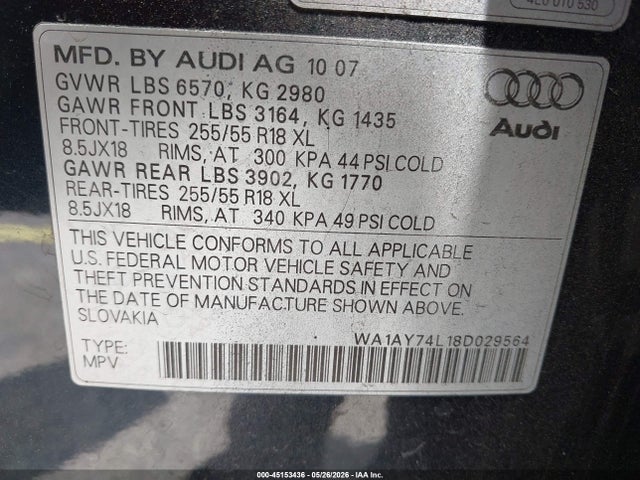 Aukcja sprzedaży 2008 Audi Q7 3.6, vin: WA1AY74L18D029564, numer aukcji: 45153436