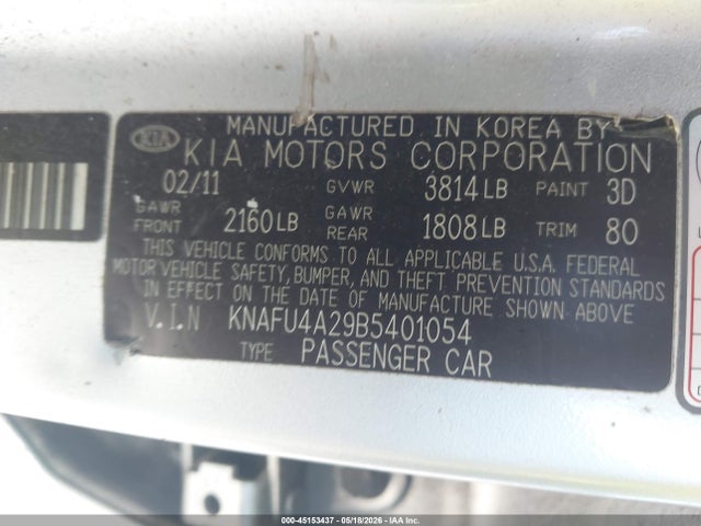 45153437 :رقم المزاد ، KNAFU4A29B5401054 vin ، 2011 Kia Forte Ex مزاد بيع