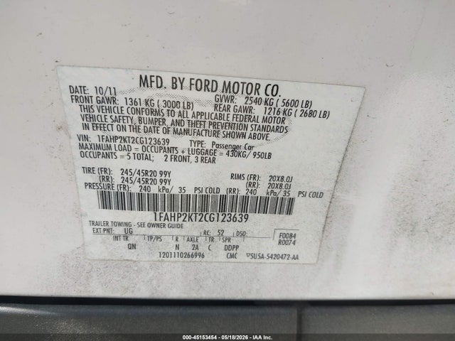 Продажа на аукционе авто 2012 Ford Taurus Sho, vin: 1FAHP2KT2CG123639, номер лота: 45153454