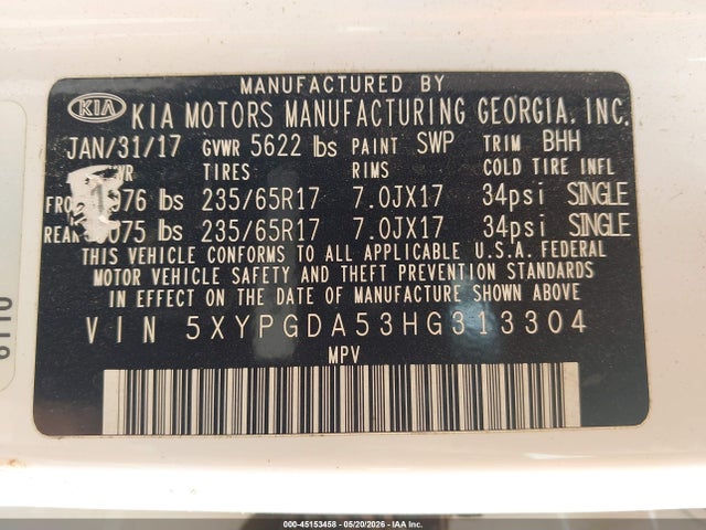 2017 Kia Sorento 3.3l Lx მანქანა იყიდება აუქციონზე, vin: 5XYPGDA53HG313304, აუქციონის ნომერი: 45153458