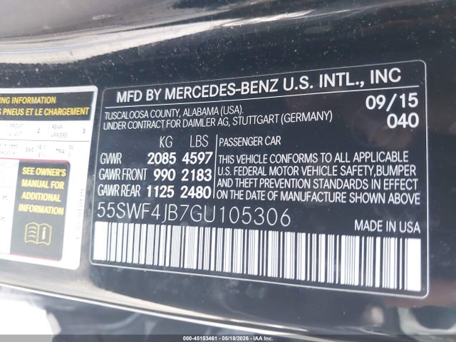 45153461 :رقم المزاد ، 55SWF4JB7GU105306 vin ، 2016 Mercedes-benz C 300 مزاد بيع