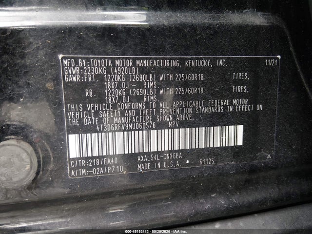 Aukcja sprzedaży 2021 Toyota Rav4 Hybrid Limited, vin: 4T3D6RFV9MU060576, numer aukcji: 45153483