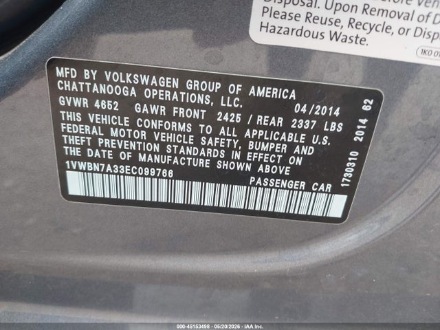 45153498 :رقم المزاد ، 1VWBN7A33EC099766 vin ، 2014 Volkswagen Passat 2.0l Tdi Se مزاد بيع