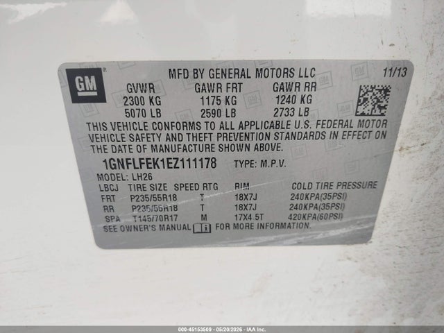 Aukcja sprzedaży 2014 Chevrolet Equinox 1lt, vin: 1GNFLFEK1EZ111178, numer aukcji: 45153509