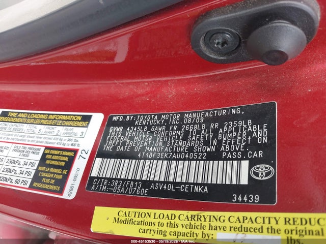 2010 Toyota Camry Le მანქანა იყიდება აუქციონზე, vin: 4T1BF3EK7AU040522, აუქციონის ნომერი: 45153530