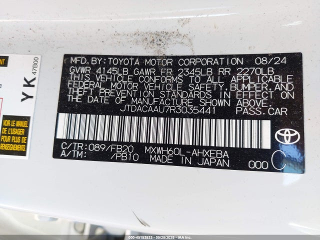 Продажа на аукционе авто 2024 Toyota Prius Le, vin: JTDACAAU7R3035441, номер лота: 45153533