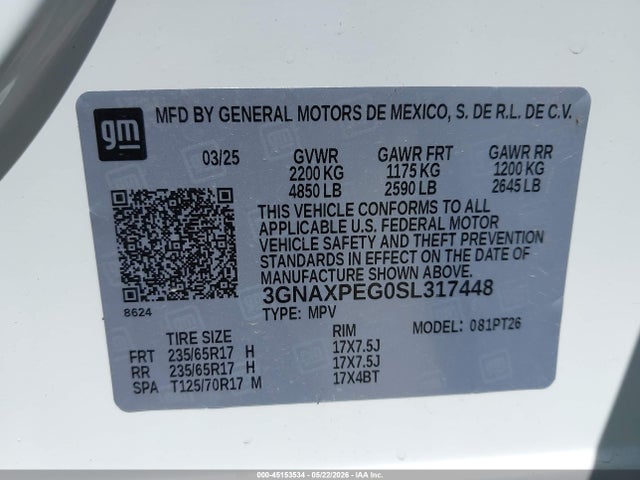 45153534 :رقم المزاد ، 3GNAXPEG0SL317448 vin ، 2025 Chevrolet Equinox Awd Lt مزاد بيع