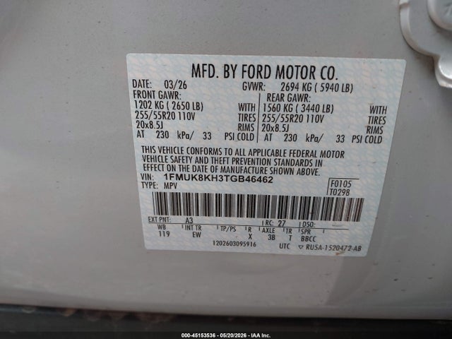 2026 Ford Explorer St-line მანქანა იყიდება აუქციონზე, vin: 1FMUK8KH3TGB46462, აუქციონის ნომერი: 45153536