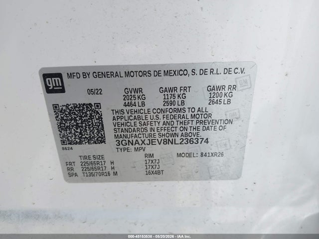 Продаж на аукціоні авто 2022 Chevrolet Equinox Fwd 2fl, vin: 3GNAXJEV8NL236374, номер лоту: 45153538